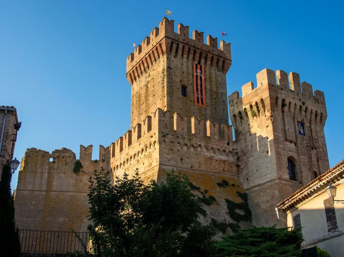 Sunlit brick towers and crenellated walls of the Rocca di Offagna beneath a clear blue sky