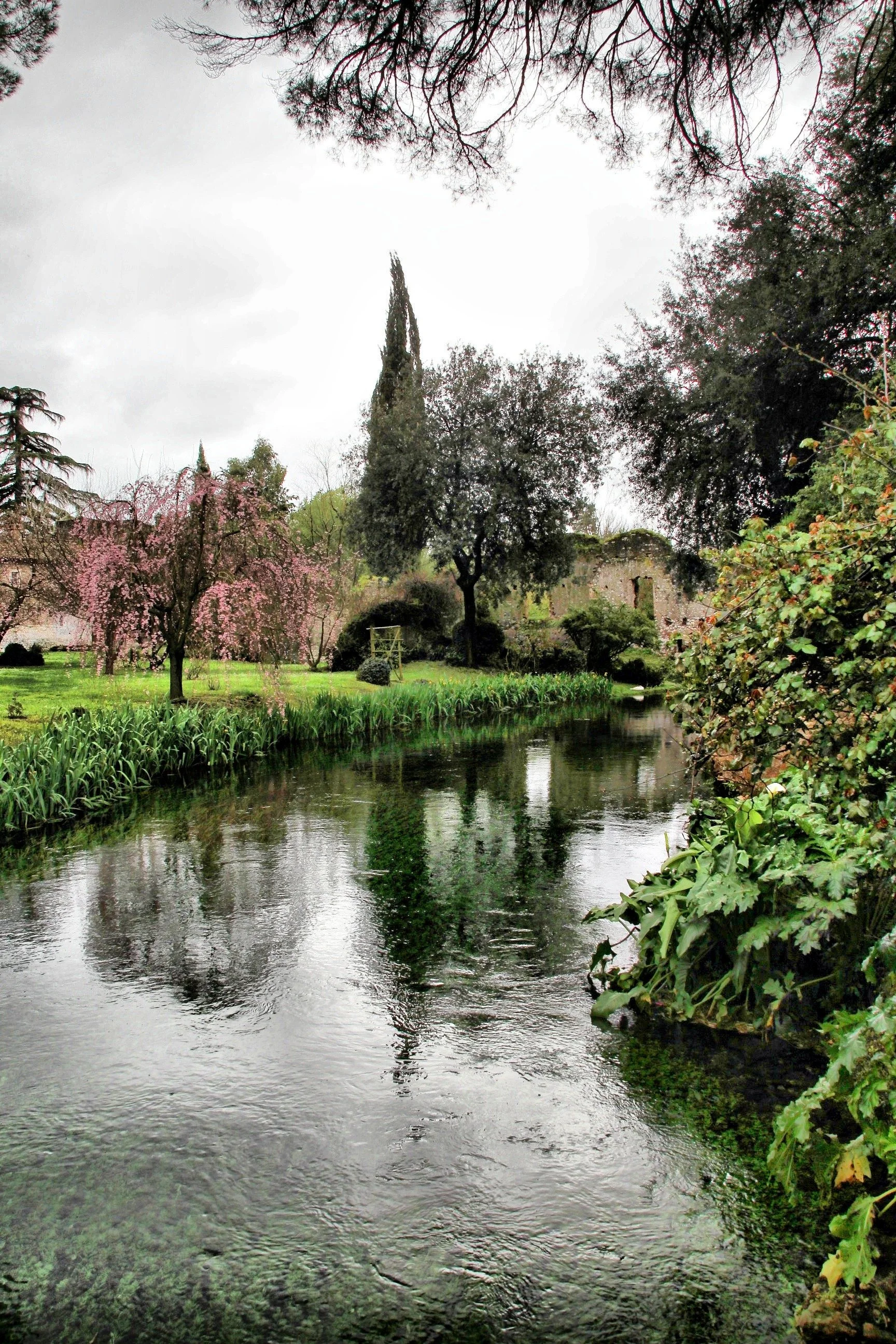 Trees, flowering shrubs and medieval stone ruins reflected in the river at Giardino di Ninfa.