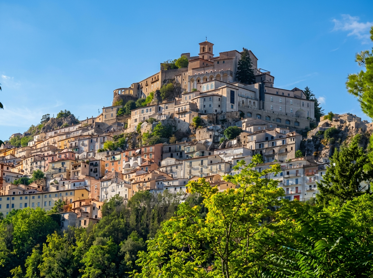 Muro Lucano and its hilltop buildings above green countryside.