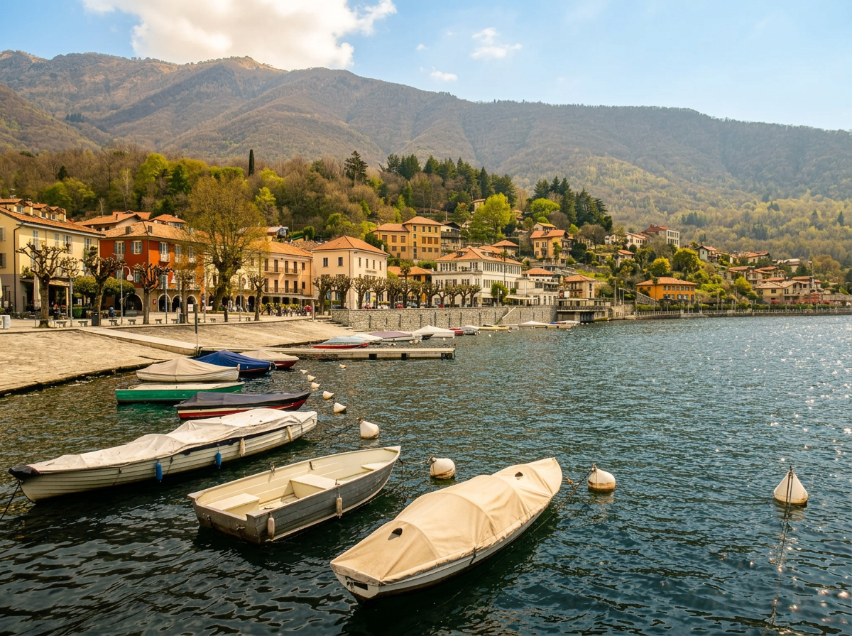 Colourful waterfront houses and small boats on Lake Mergozzo, backed by wooded hills in Piedmont, Italy.