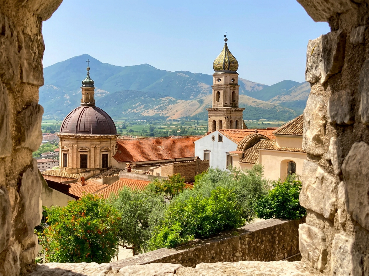 A church and bell tower in Venafro, viewed through a stone opening.