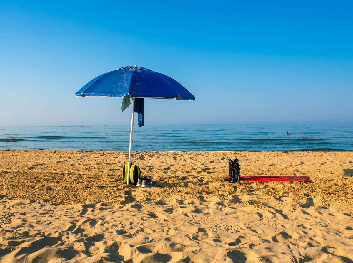 A blue umbrella on a sandy beach in Abruzzo.
