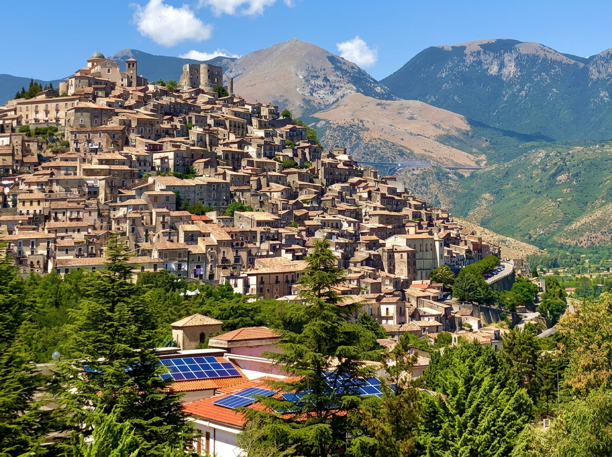 Stone houses clustered on a hill beneath a church and ruined castle, with mountains in the background.