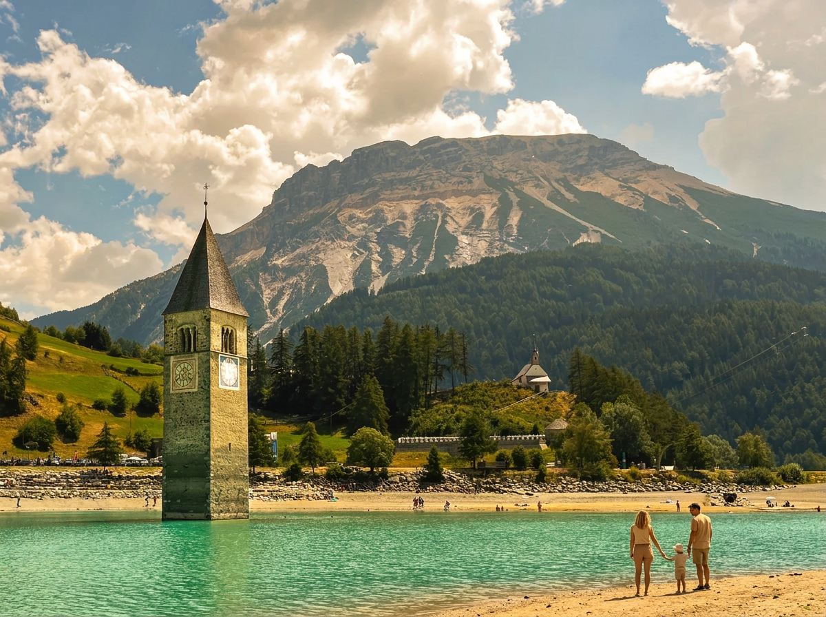 The partly submerged church tower in Lake Resia, South Tyrol.