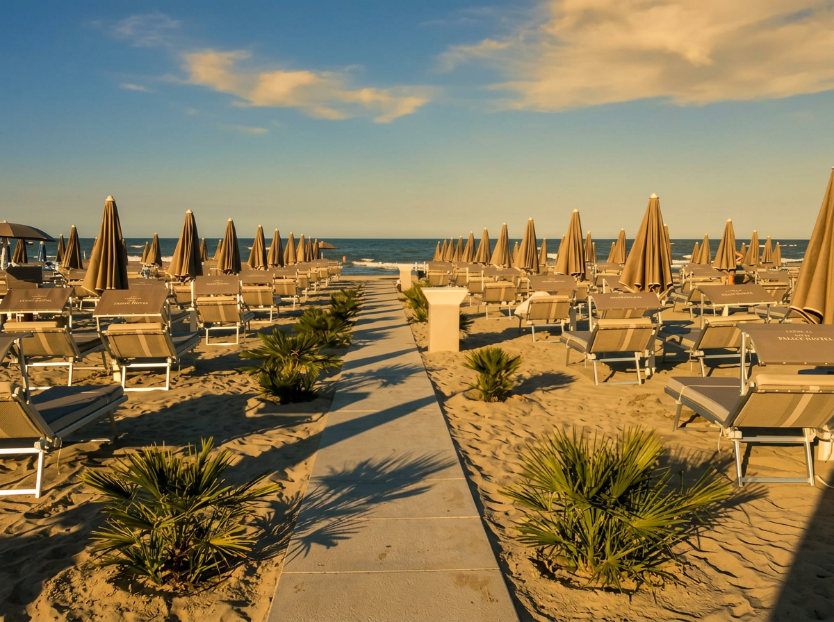 Rows of beach umbrellas on the sandy Adriatic beach at Milano Marittima
