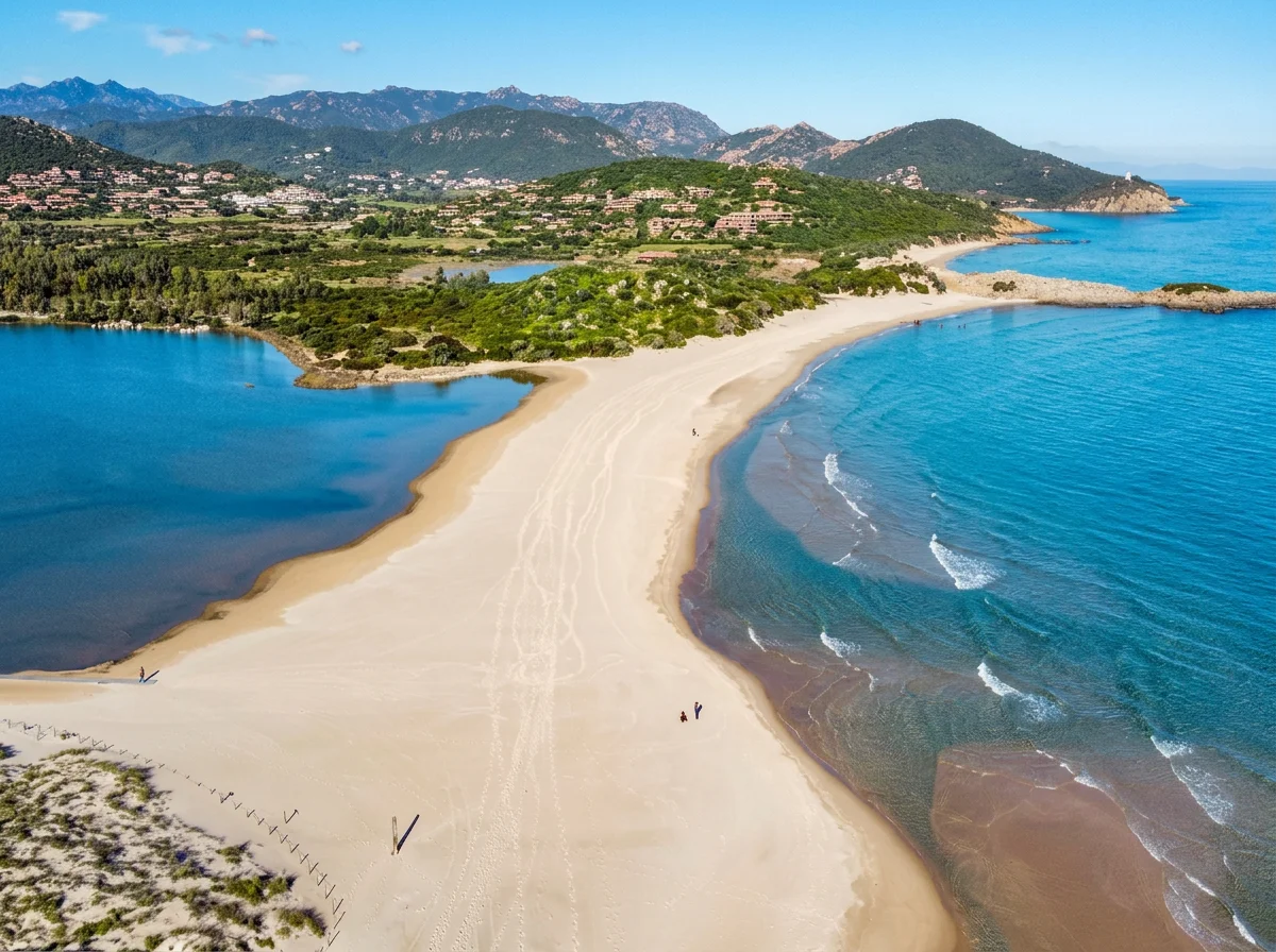 Aerial view of Spiaggia di Su Giudeu near Chia, Sardinia, with golden sand, blue water, coastal dunes and a lagoon