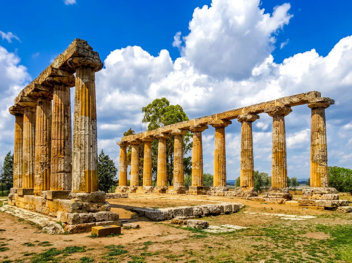 Ancient Greek temple columns at Metaponto, Basilicata.
