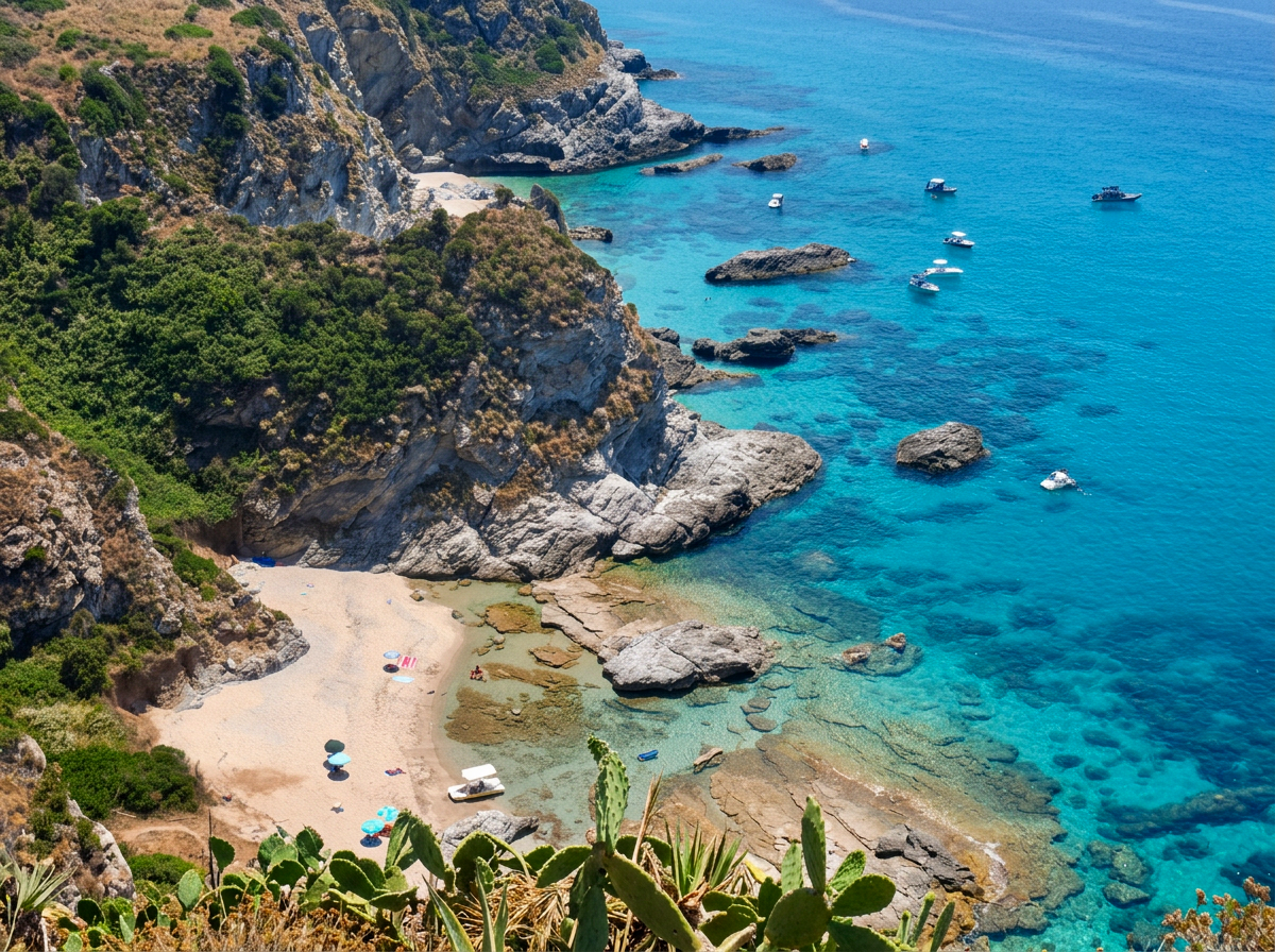 Praia i Focu hidden beach and rocky coastline at Capo Vaticano, Calabria