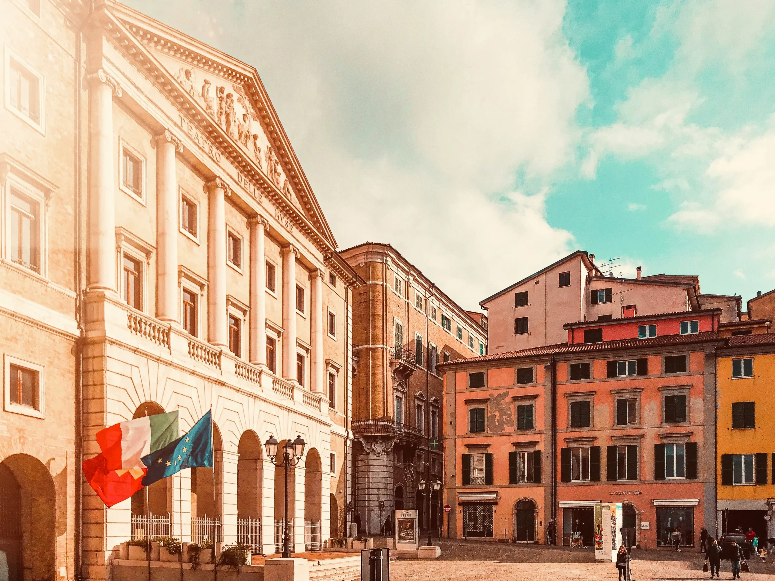 Teatro delle Muse and colourful historic buildings in the centre of Ancona, Le Marche, Italy
