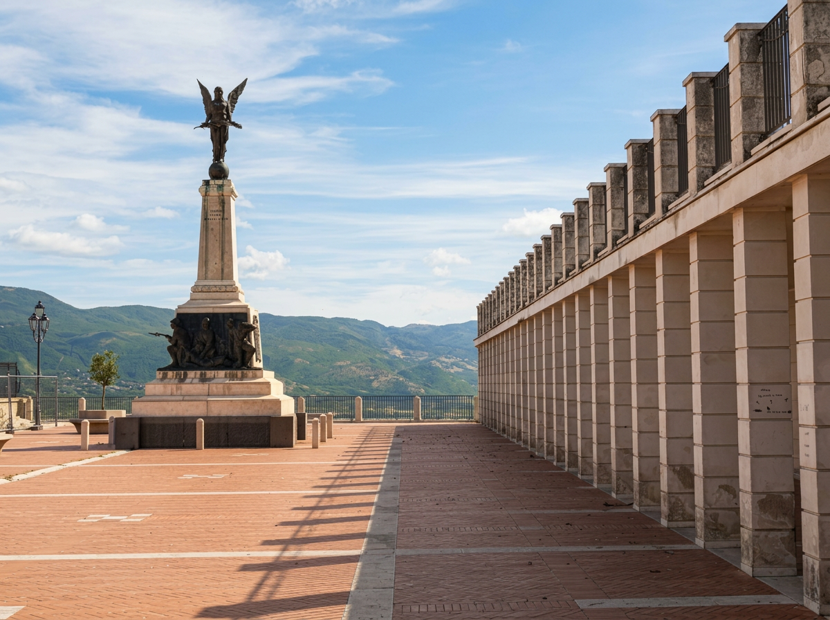 Winged statue on a tall monument beside a long colonnade, overlooking hills near Teggiano.