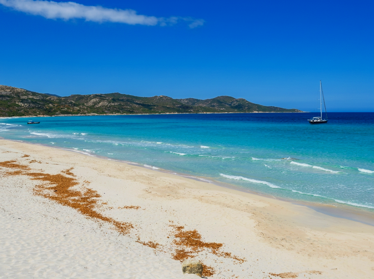 White sandy beach with turquoise water, a sailing boat and rugged green hills in Sardinia
