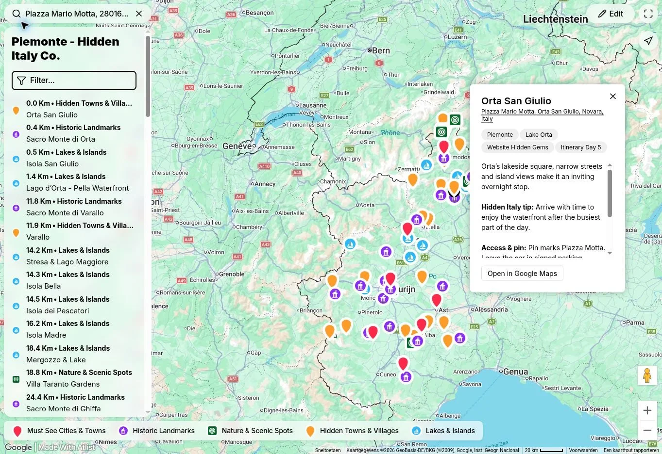 Orta San Giulio pin on the Piemonte travel map, with travel tips and a link to Google Maps