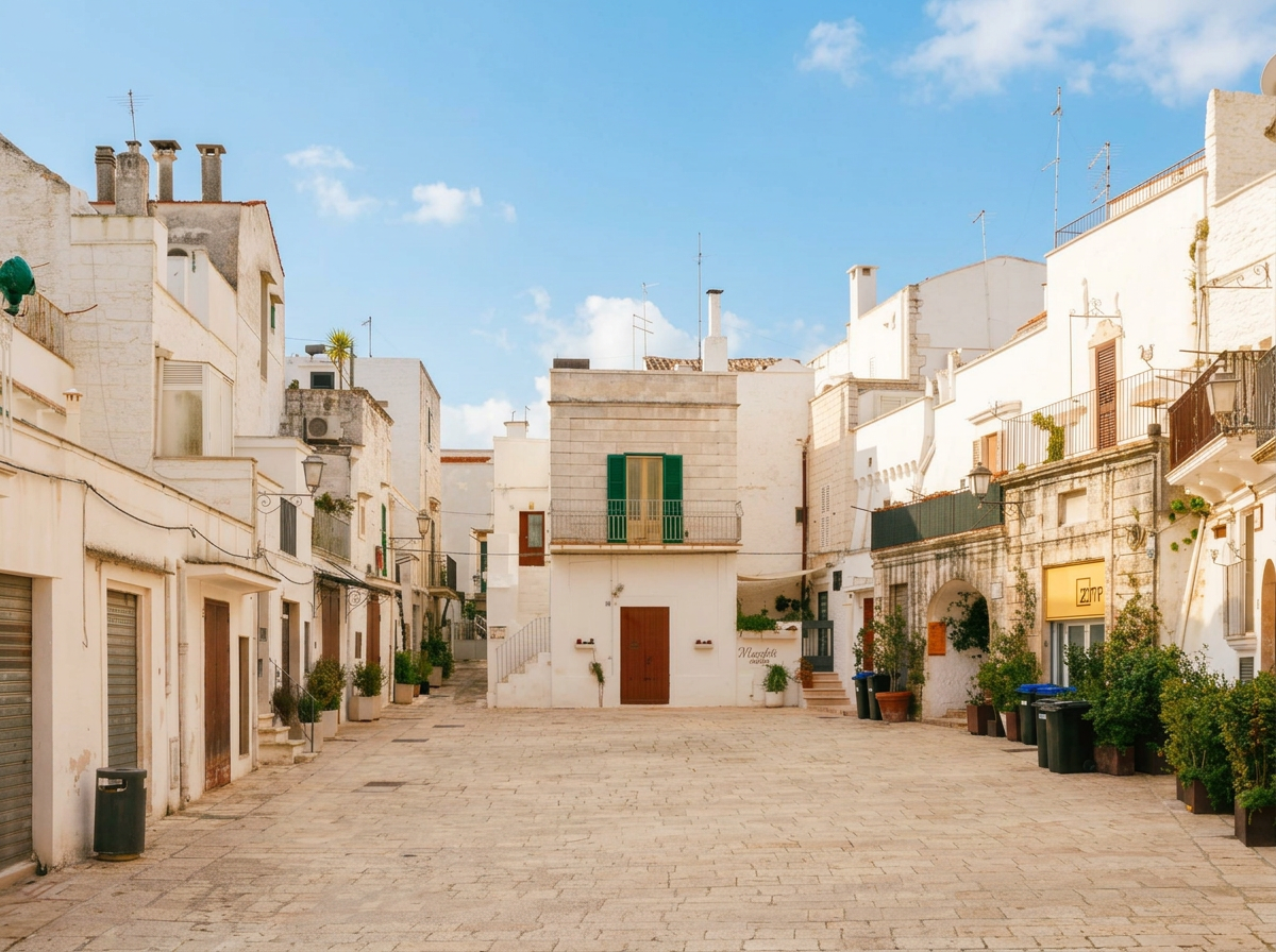 Whitewashed buildings and potted plants around a square in Cisternino, Puglia.