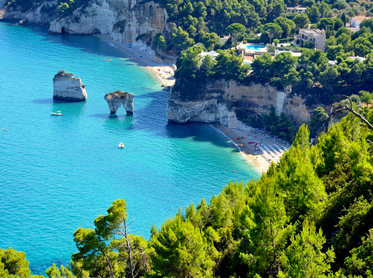 Baia delle Zagare beach with white cliffs and sea stacks in Gargano, Puglia