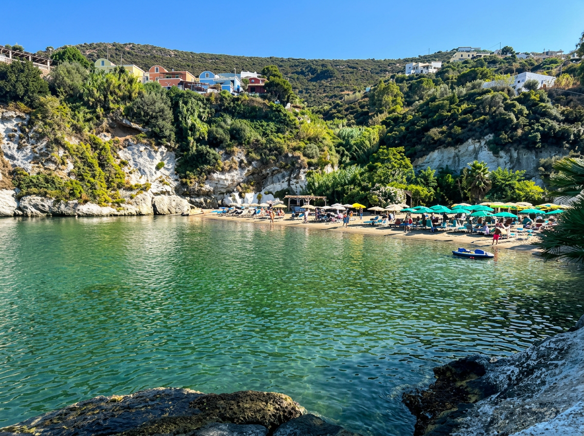 Cala Feola on Ponza with clear green-blue water, a sheltered rocky cove and Mediterranean vegetation in Lazio, Italy