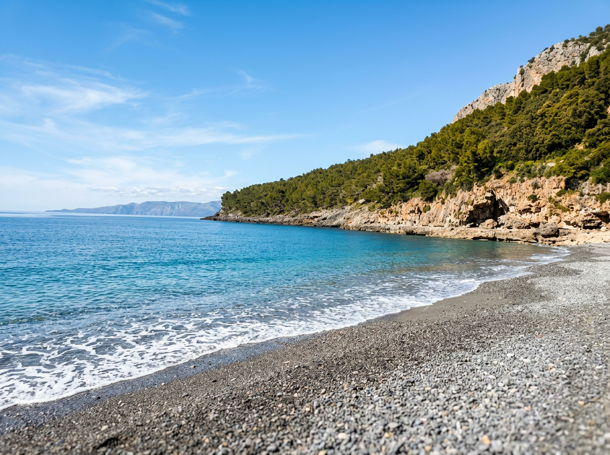 Dark pebble beach beside turquoise water and a wooded rocky headland.
