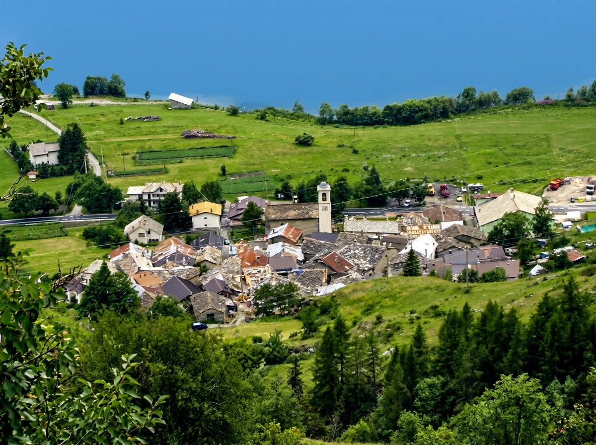 View down over an Alpine hamlet, with stone rooftops and a bell tower surrounded by green fields and trees.
