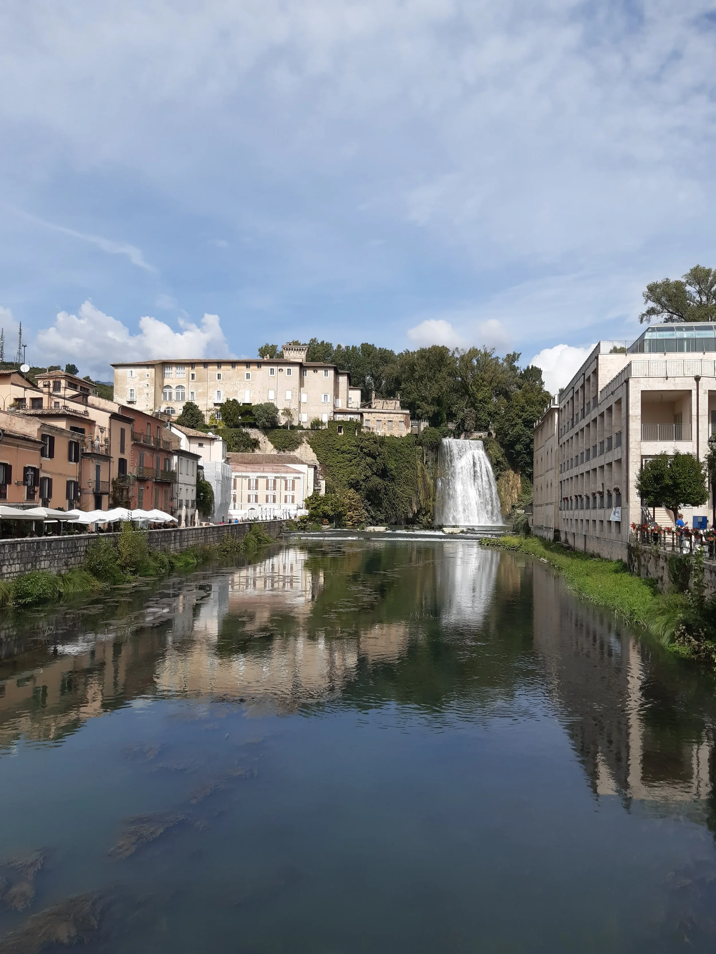 Cascata Grande and the castle above the river, seen from central Isola del Liri.