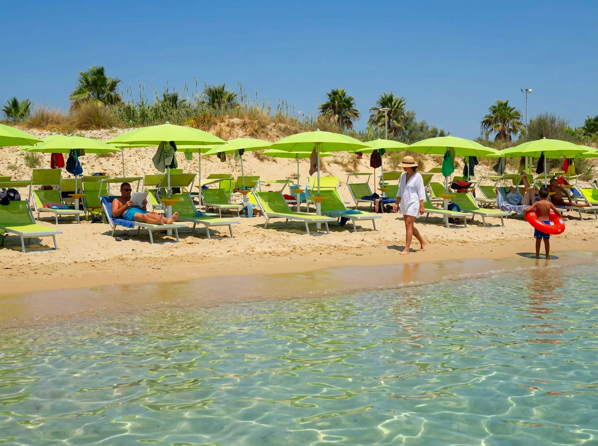 White sandy beach and shallow turquoise sea at Pescoluse in southern Puglia