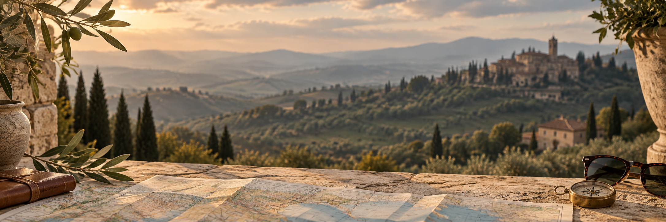 Travel map and compass on a stone terrace overlooking rolling Tuscan hills and a hilltop village at sunset.