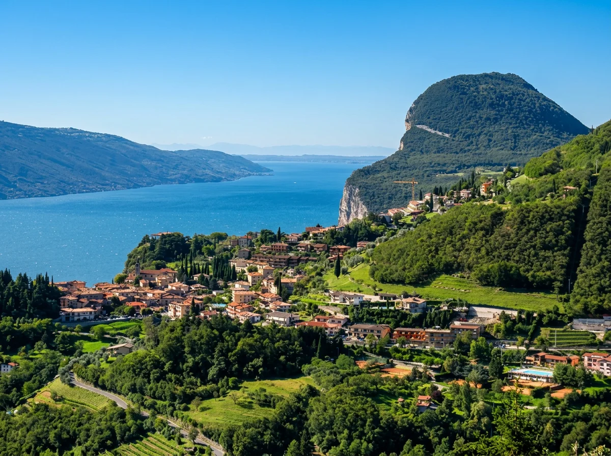 Villages and green hills above the blue waters of Lake Garda in Tremosine.