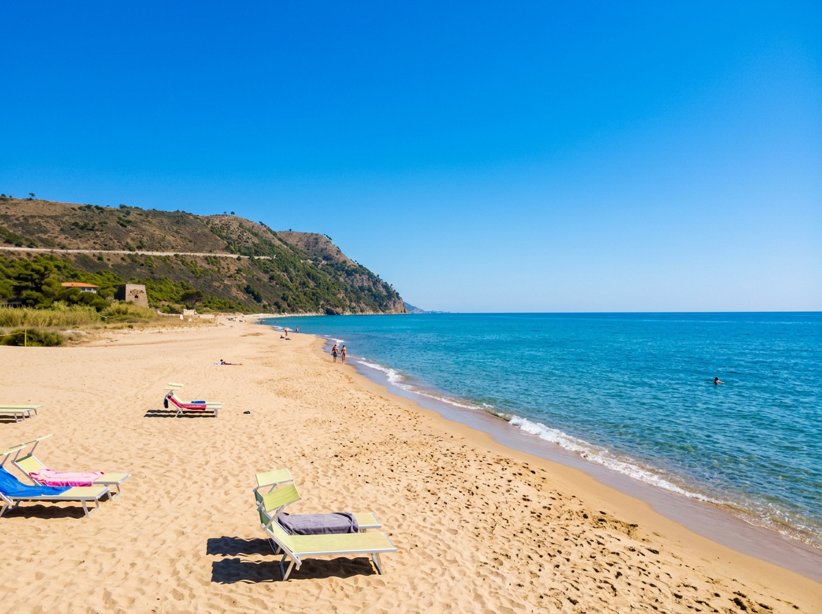 Punta Licosa beach with a wide sandy shoreline and clear blue Mediterranean Sea on the Cilento Coast, Campania