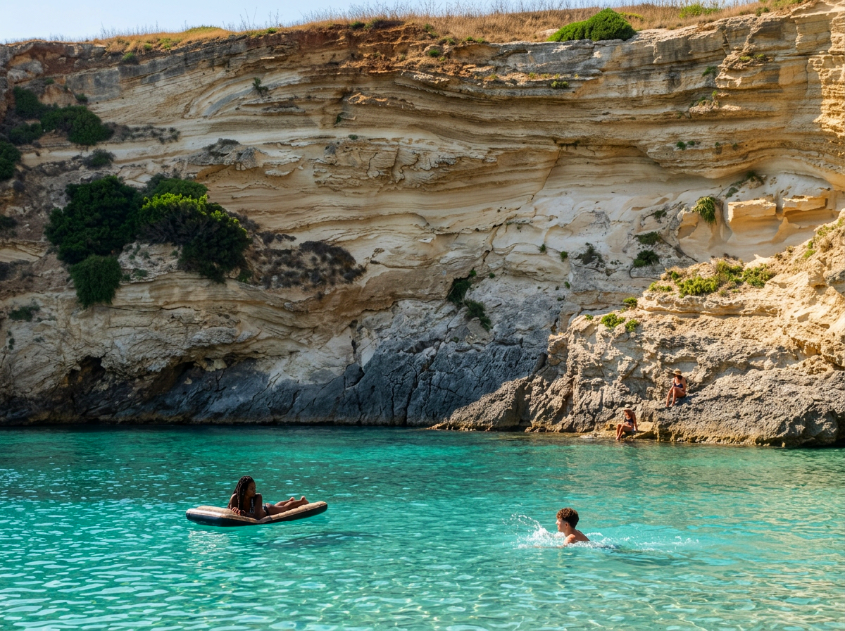 Turquoise cove surrounded by limestone cliffs at Porto Miggiano in Puglia, Italy