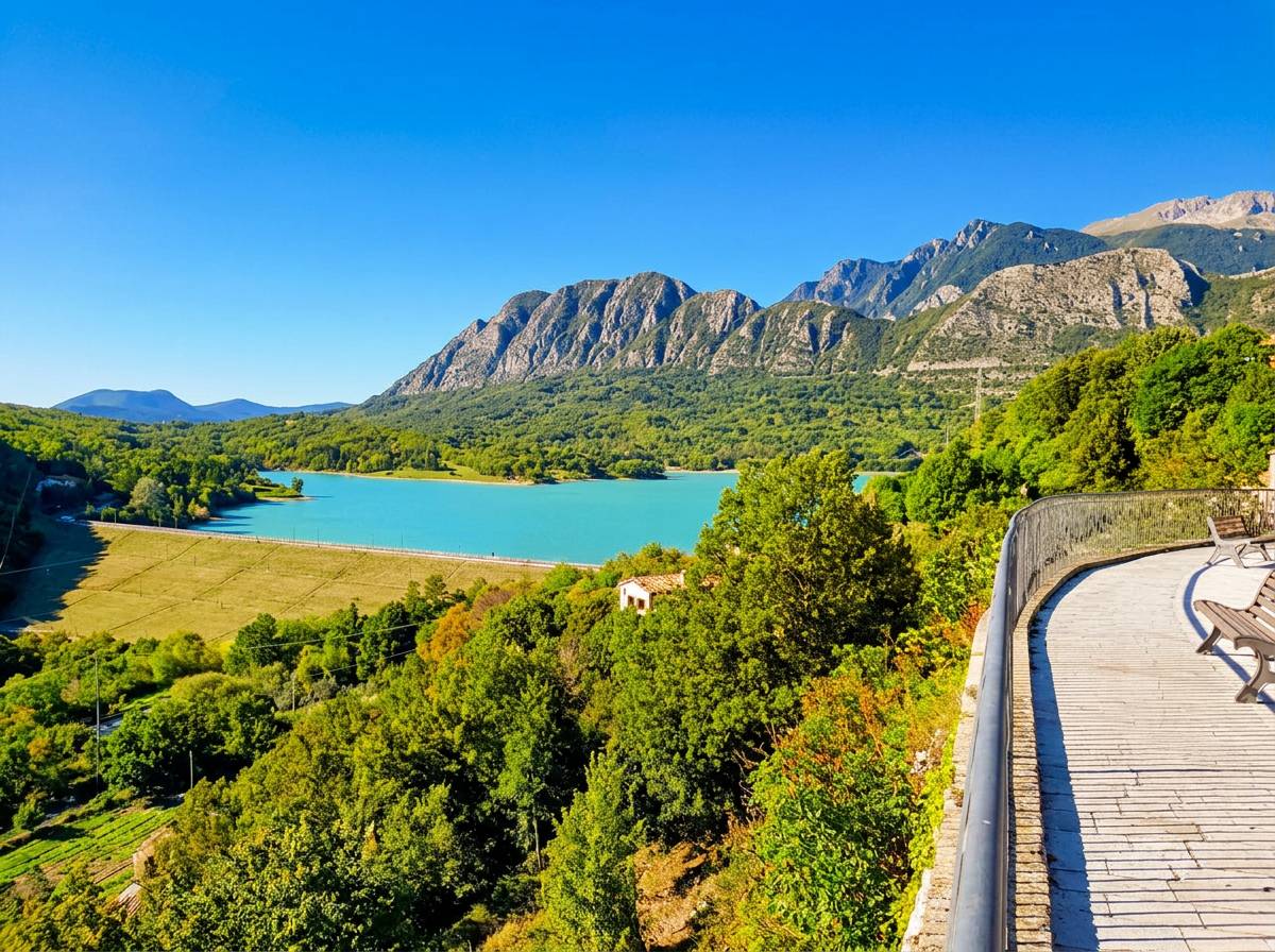 Lake Castel San Vincenzo surrounded by wooded hills in Molise.