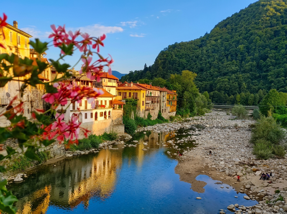 Colourful houses along the river in Varallo, Piedmont.
