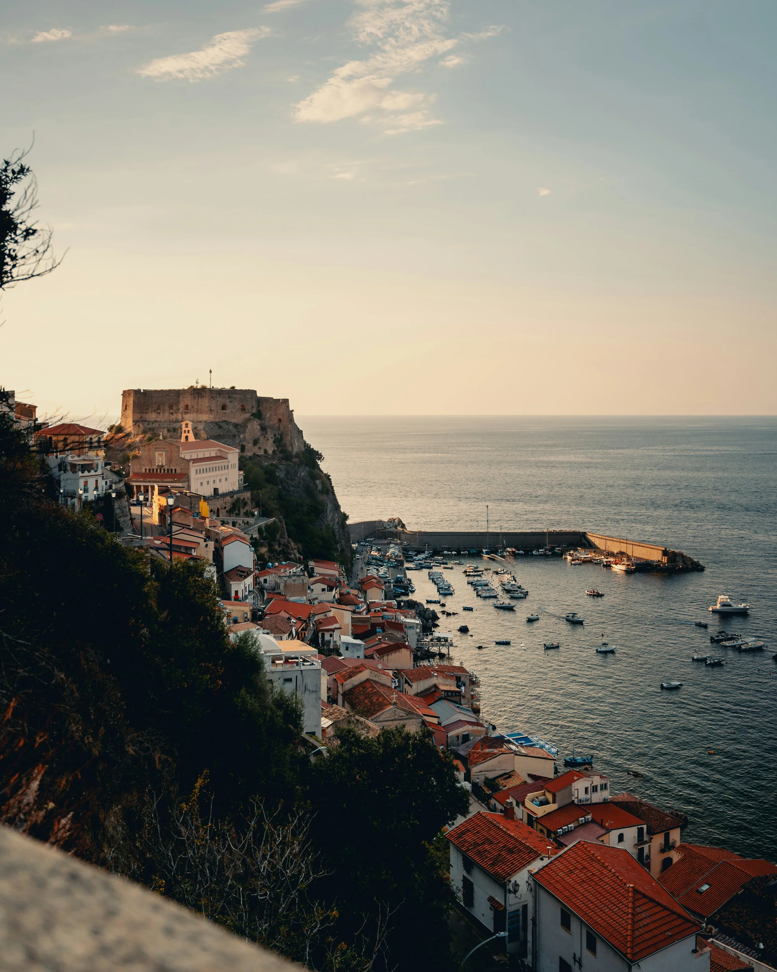 Scilla at sunset overlooking the Tyrrhenian Sea in Calabria, Italy