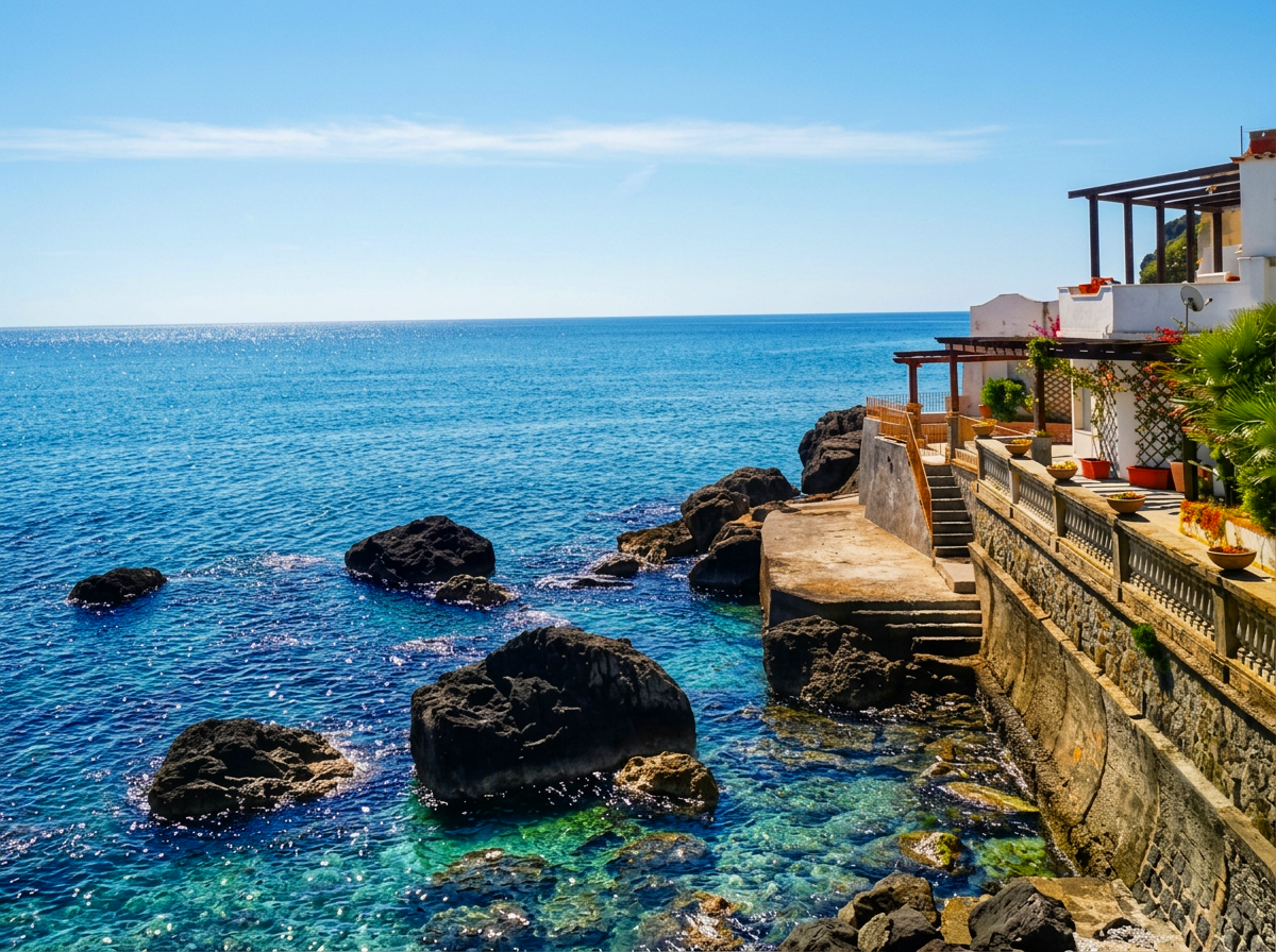 Seaside terrace overlooking Caminia Beach and the Ionian Sea in Calabria, Italy