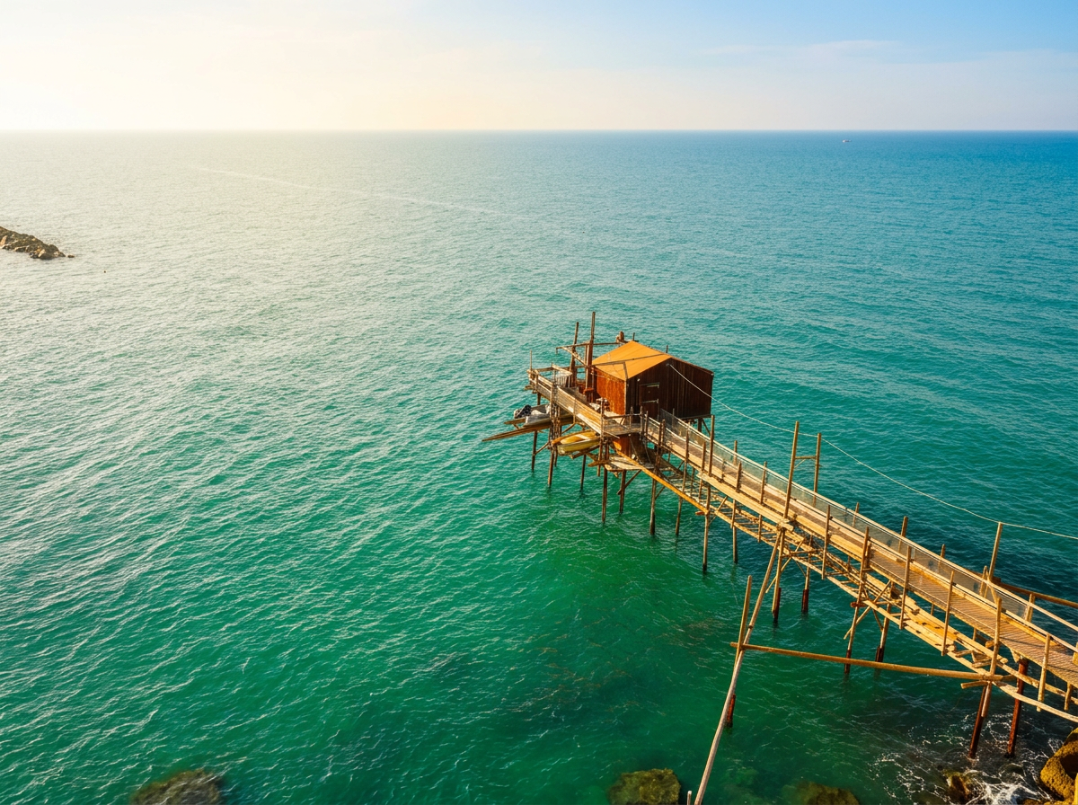 A traditional wooden fishing platform on the Costa dei Trabocchi.