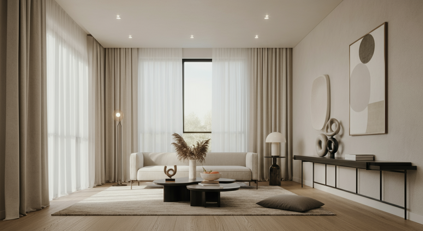Modern living room with minimalist decor, a white sofa, black and white abstract artwork, and a light-colored rug.