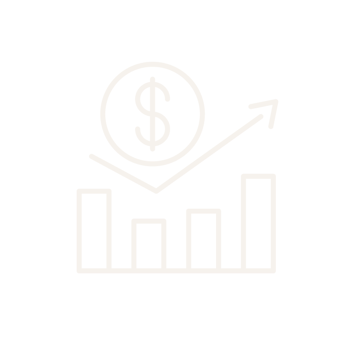 Line graph with bars increasing in height and an upward arrow, with a dollar sign in a circle above.