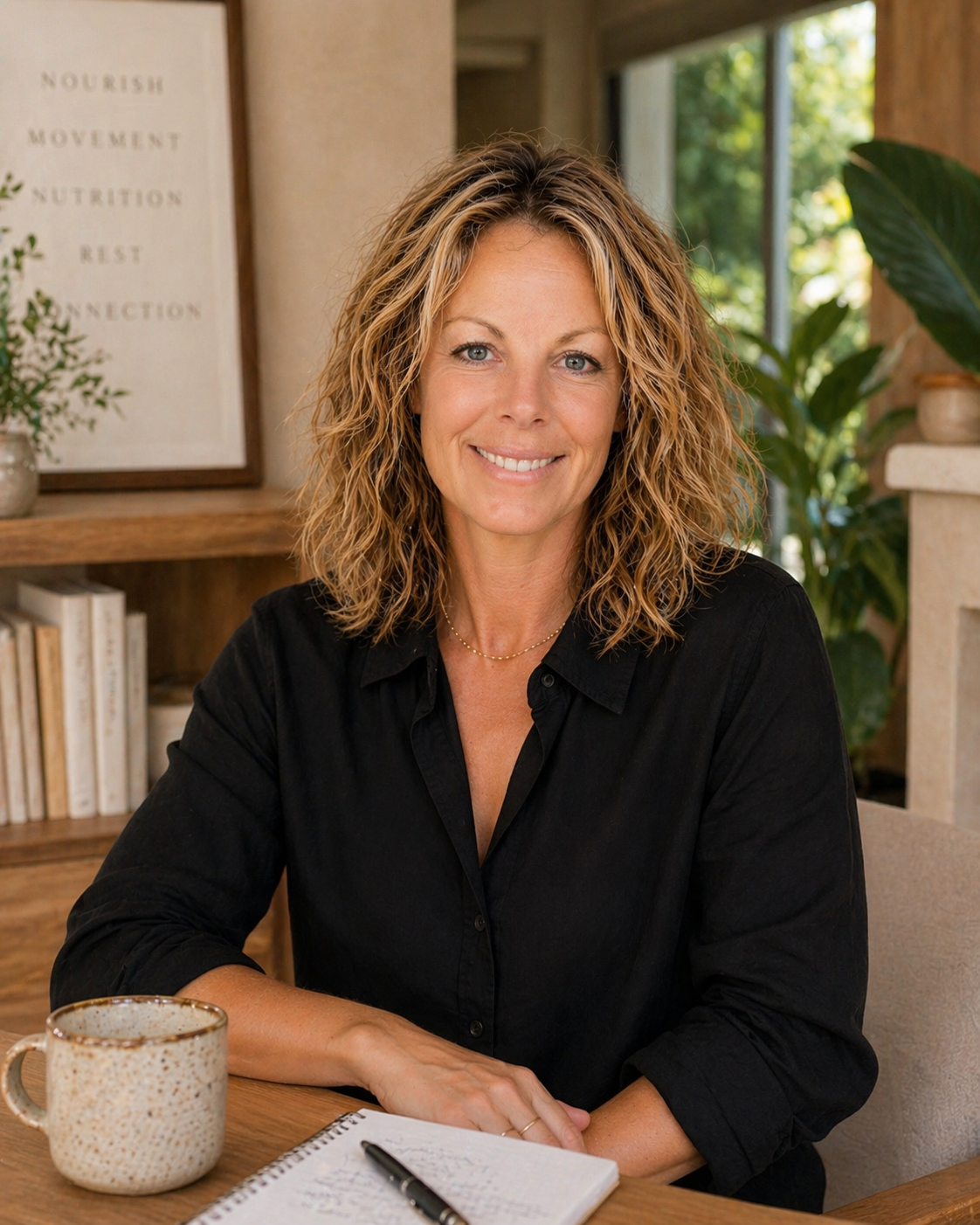 A smiling woman with shoulder-length curly blonde hair, sitting at a wooden table with a mug, notebook, and pen in front of her, in a cozy room with bookshelves and greenery in the background.