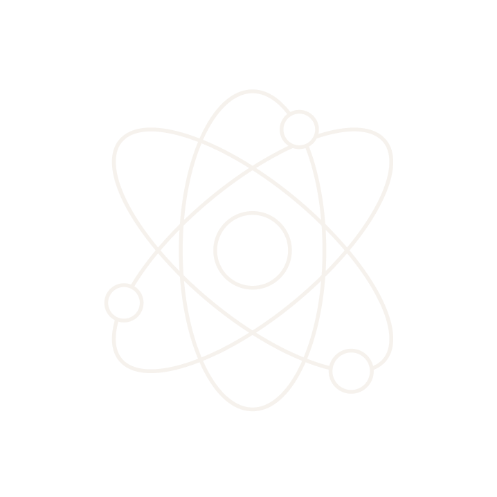 Outline of an atom with nucleus at the center and three electrons orbiting around it on a black background.