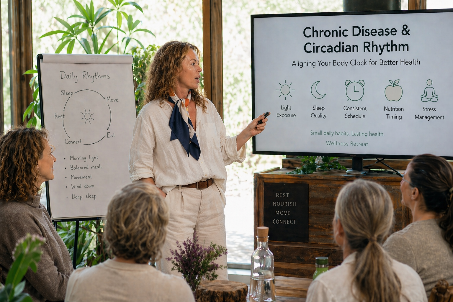 A woman giving a presentation on chronic disease and circadian rhythm to a small group in a bright room with large windows and plants. The presentation slide discusses light exposure, sleep quality, consistent schedule, nutrition, and stress management for better health.