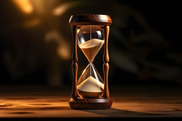 An hourglass with sand flowing from the top chamber to the bottom, placed on a wooden surface with a dark blurred background.