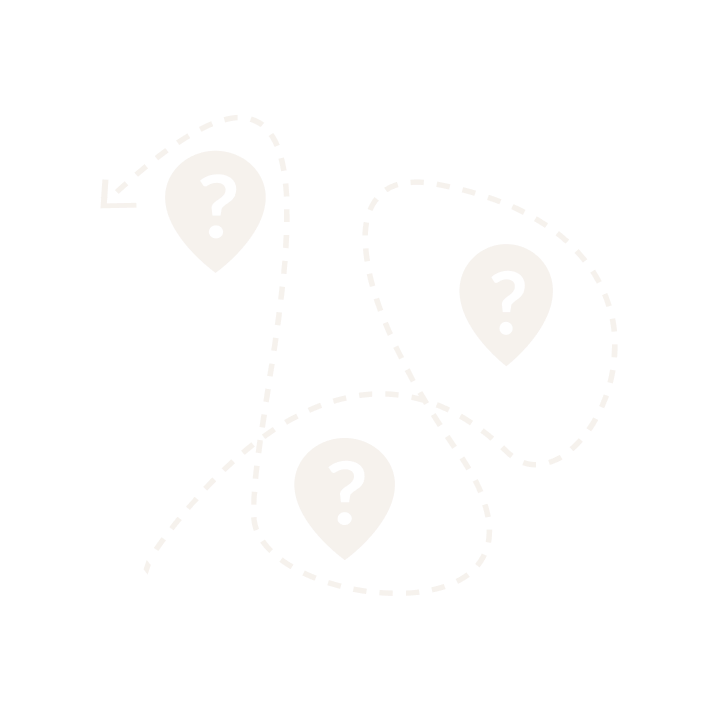 A black background with three white location markers containing question marks, each surrounded by dashed lines, connected with dotted lines indicating a path or process.