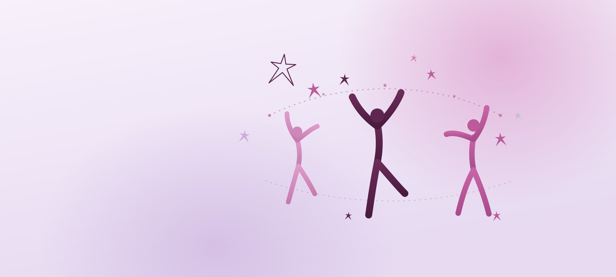 Illustration of three stylized human figures with raised arms, surrounded by stars on a light purple background.