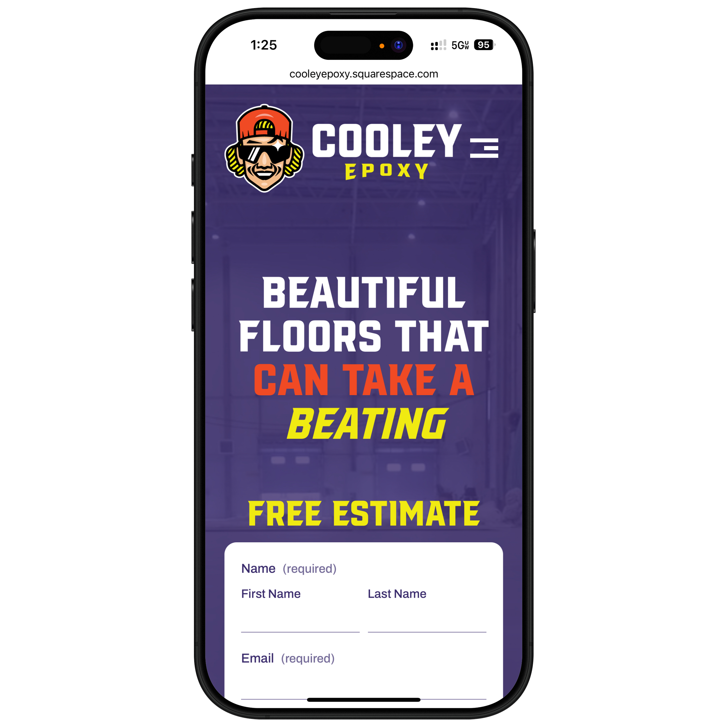Mobile phone screen showing a website with the logo and name 'Coley Epoxy', a cartoon face with sunglasses and a cap, and a form to fill in personal information for a free estimate.