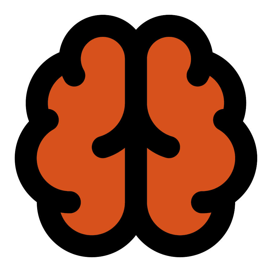 Illustration of a human brain with orange coloring, outlined in white, on a black background.