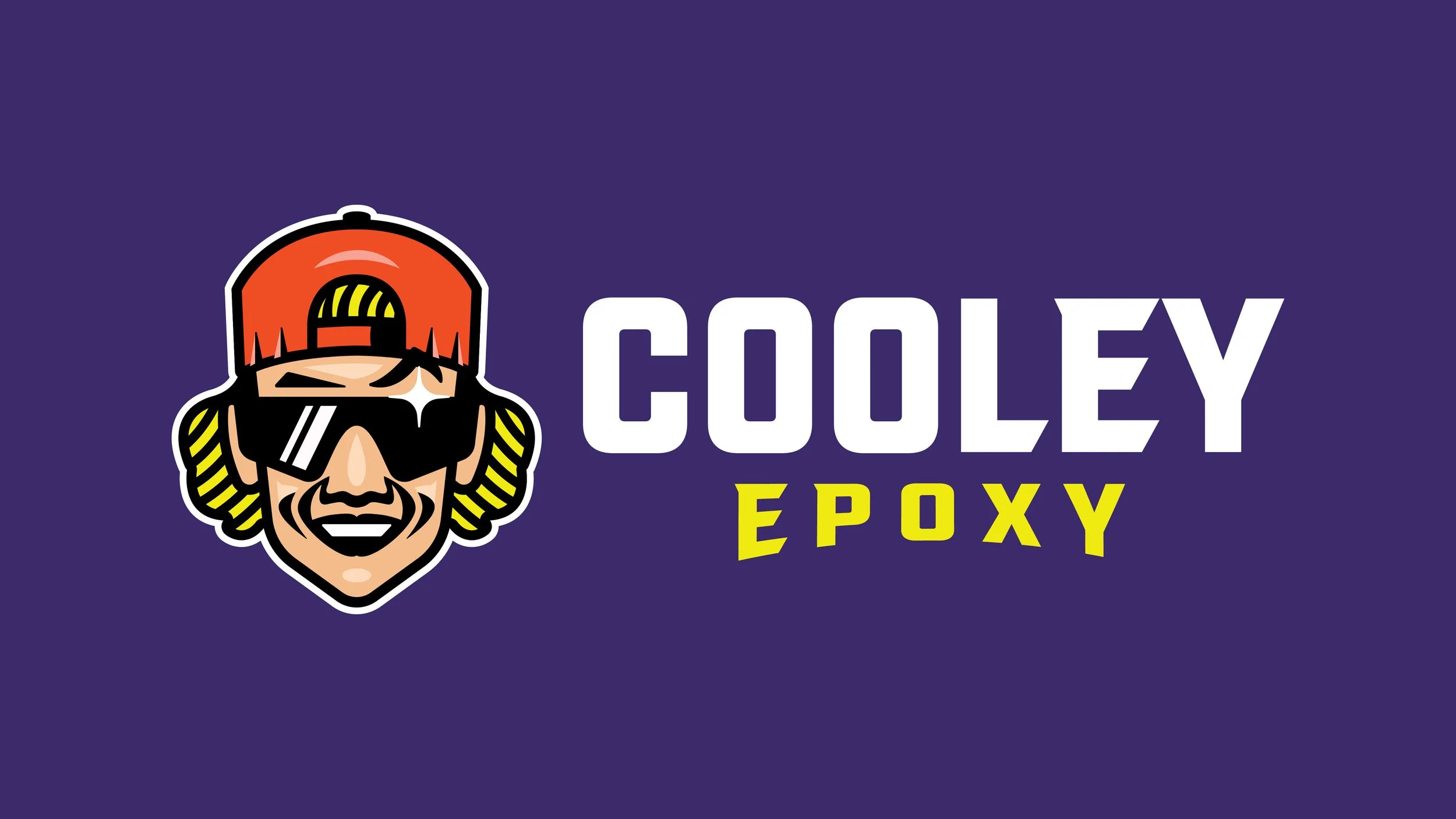 Logo for Cooley Epoxy featuring a cartoon man with sunglasses and a red cap with yellow and black accents, with the text 'COOLEY EPOXY' on a purple background.