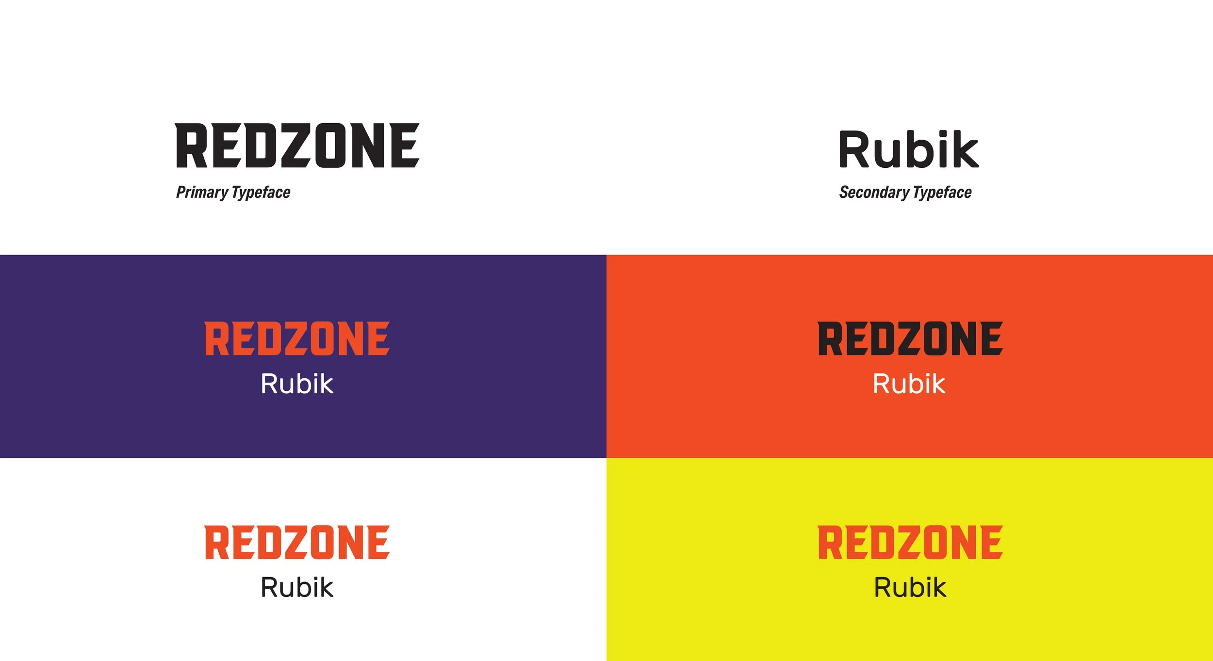A collage of six different text-based images showing various color schemes with the words 'REDZONE' and 'Rubik' in different fonts and colors.