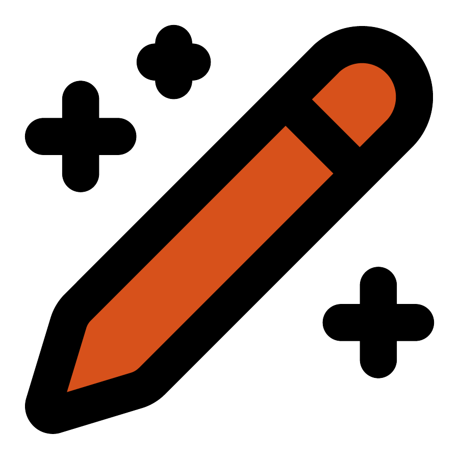 Illustration of a pencil surrounded by four decorative plus signs, on a black background.