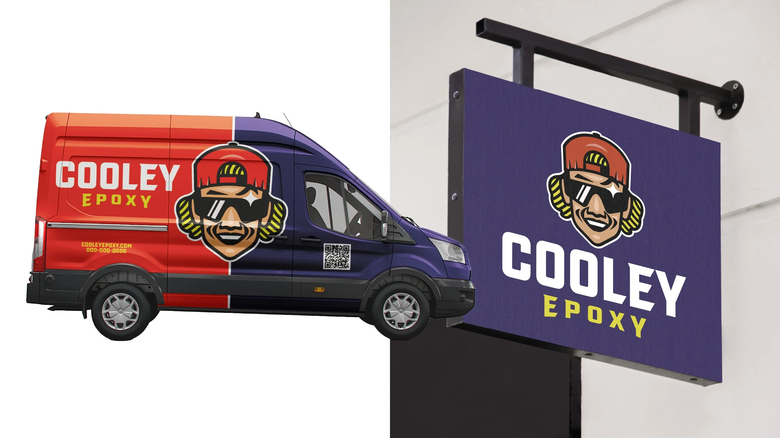 A company vehicle with 'Cooley Epoxy' branding parked beside a sign displaying the same logo and name.