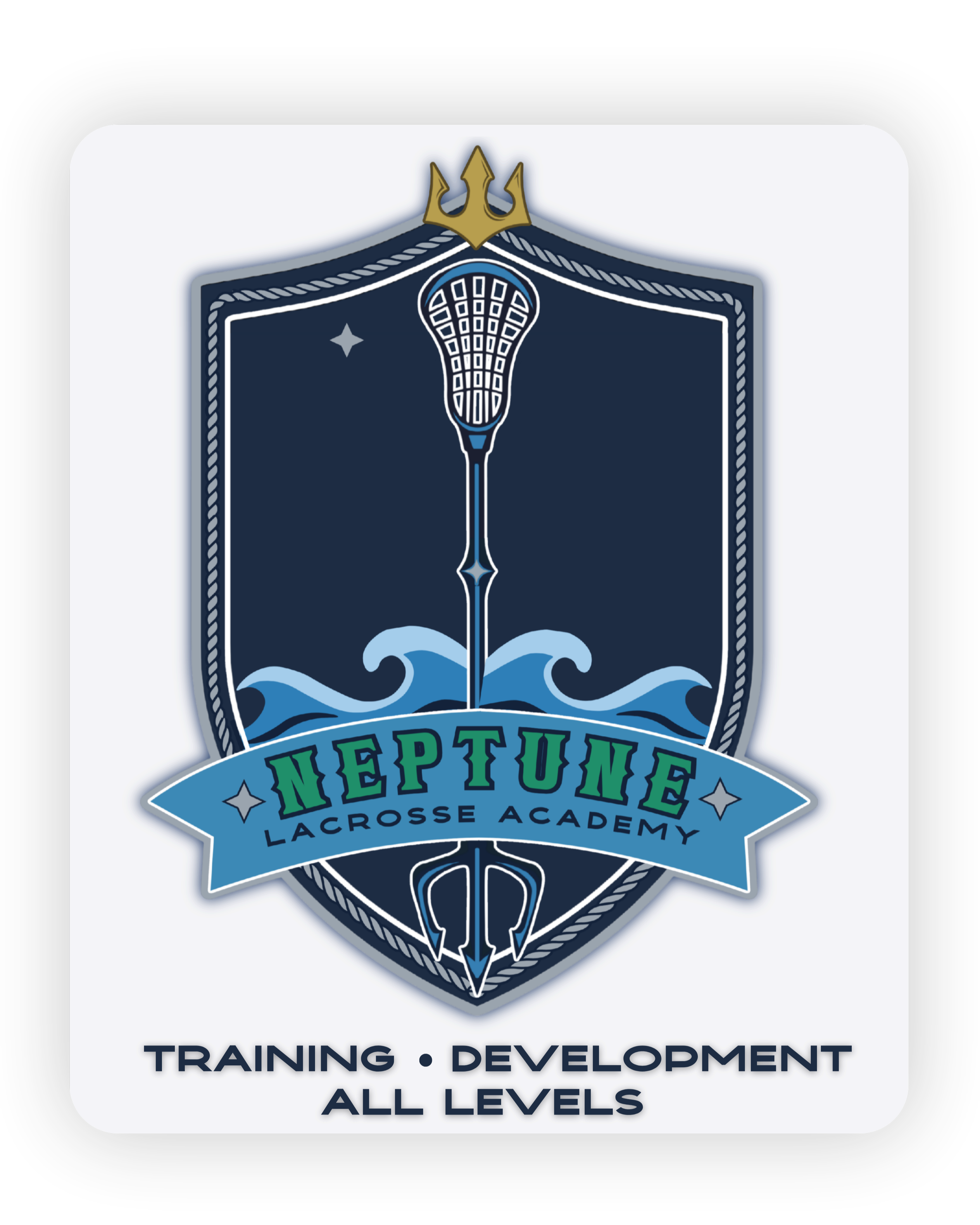 Neptune Lacrosse Academy logo featuring a shield with a lacrosse stick and water waves, with a gold trident at the top, and text indicating training, development, and all levels.