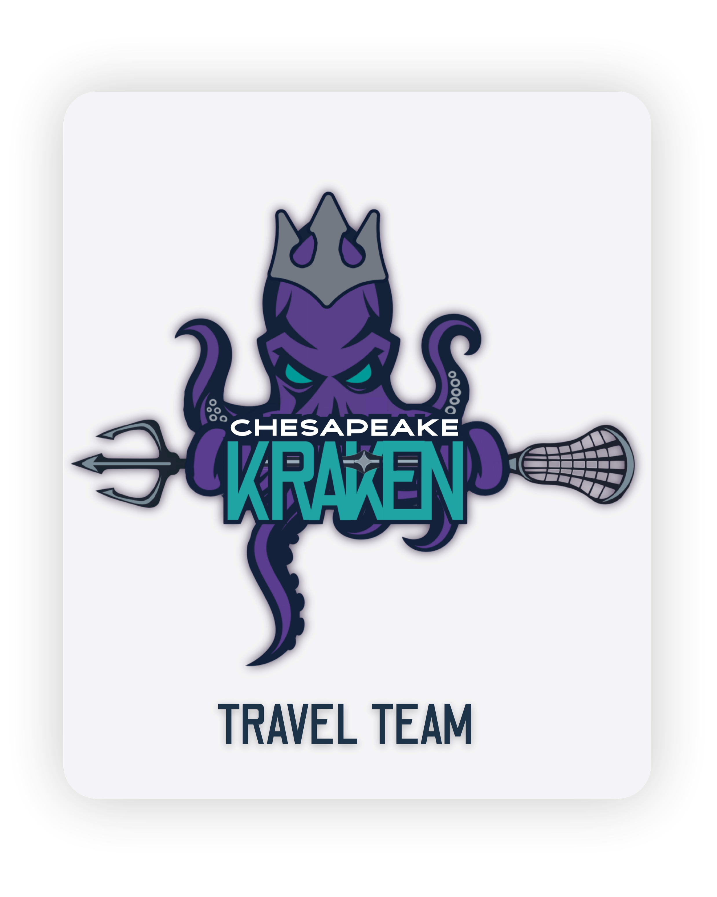 Logo for Chesapeake Kraken travel team featuring a purple kraken with a crown, holding a hockey stick and a lacrosse stick, with the text 'Chesapeake Kraken' and 'Travel Team'.