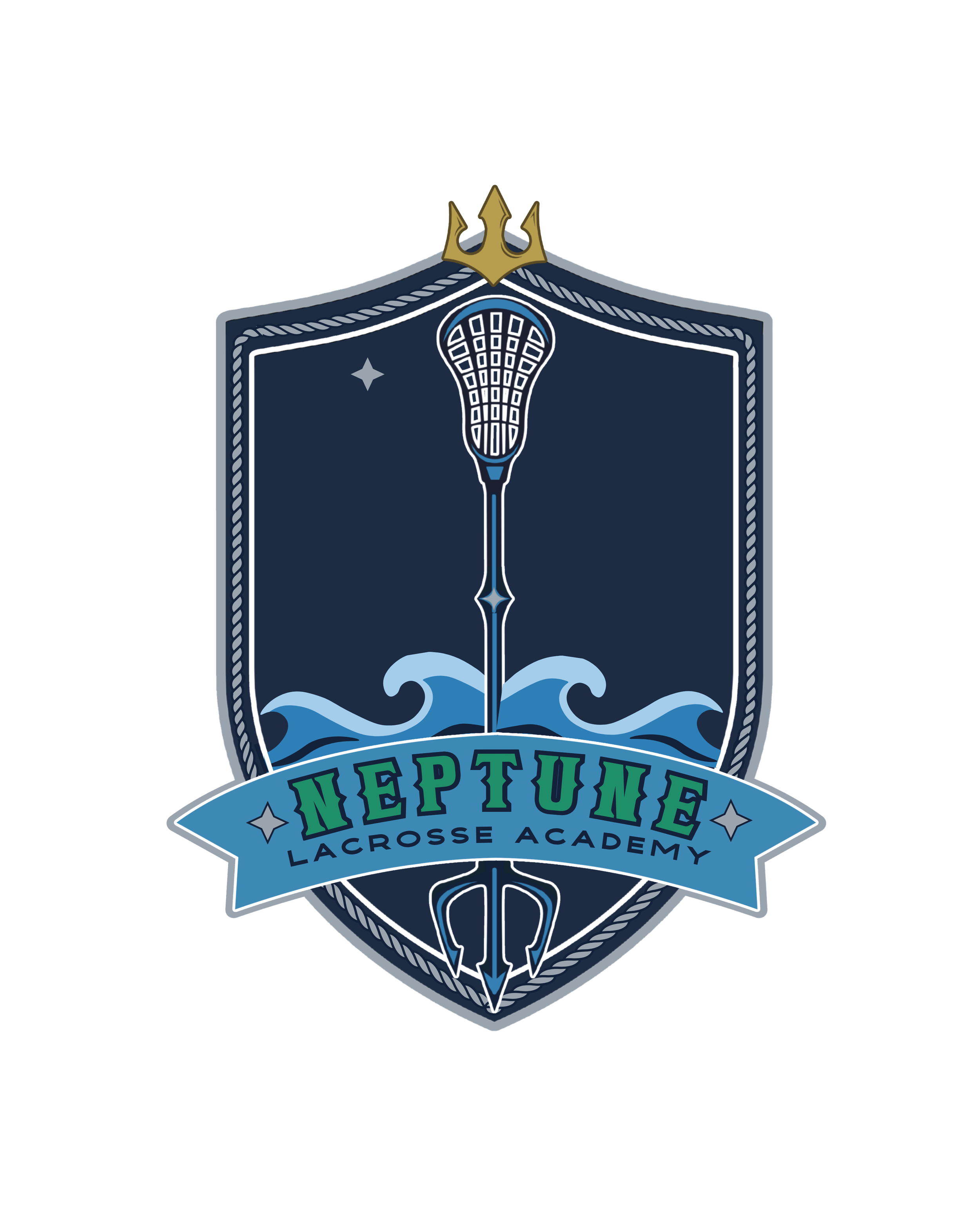 Logo for Neptune Lacrosse Academy featuring a shield with a water-themed design, a trident, and a crown on top, with the name 'Neptune Lacrosse Academy' on a banner at the bottom.