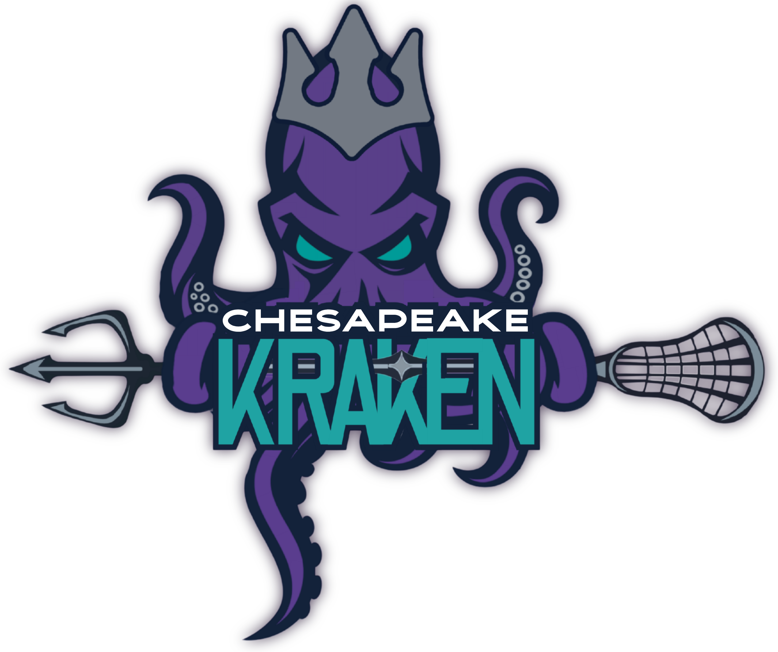 A logo for Chesapeake Kraken featuring a stylized purple kraken with glowing blue eyes, holding a trident and a lacrosse stick, with the text Chesapeake Kraken in bold white and teal letters.